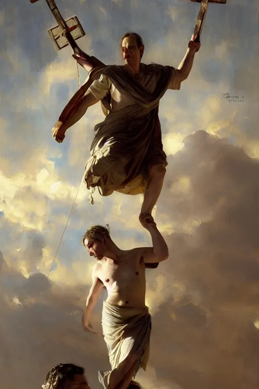 Prompt: beautiful oil painting portrait of ancient roman god emperor steve buscemi hovering in the air wearing the civic crown levitating and ascending in stations of the cross pose, art by anders zorn, wonderful masterpiece by greg rutkowski, expressive brush strokes, beautiful cinematic light, american romanticism by greg manchess, jessica rossier