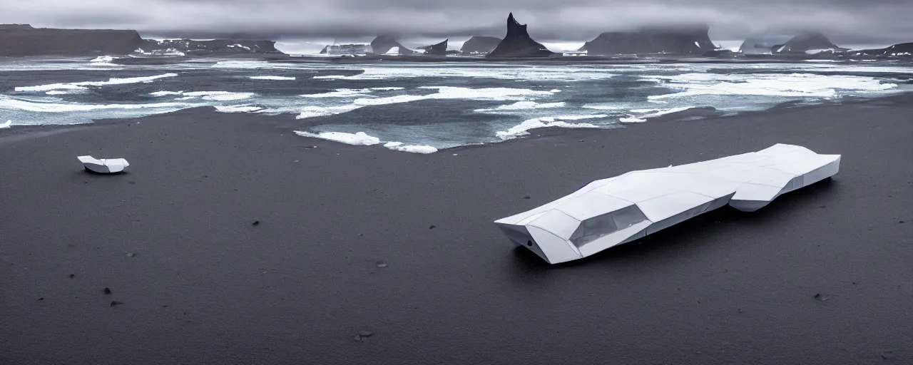 Image similar to cinematic shot of giant symmetrical futuristic military spacecraft in the middle of an endless black sand beach in iceland with icebergs in the distance,, 2 8 mm