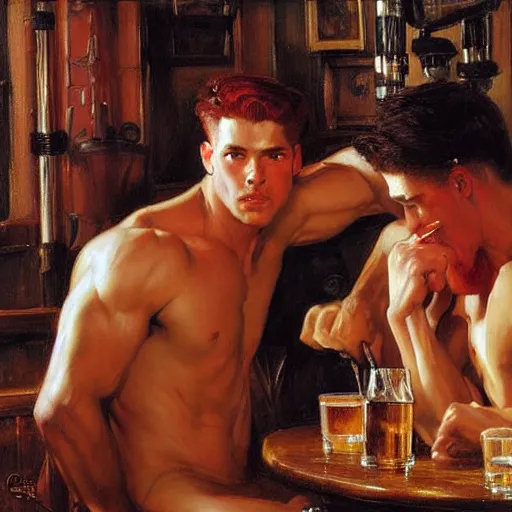 Image similar to attractive muscular male with red hair and muscular attractive male with black hair, drinking their hearts out, in a pub. very defined and highly detailed painting by j. c. leyendecker, gaston bussiere, craig mullins 8 k