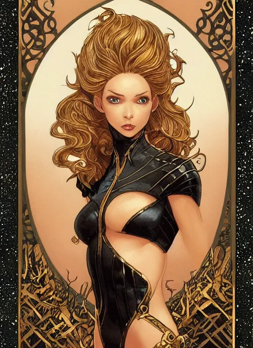 Prompt: portrait of a sexy elf wearing a black spy suit, face details, golden hair, tied ponytal, brown skin, snow, sharp focus, award - winning, masterpiece, highly detailed, intricate. art by rebecca guay, rossdraws, tarot card