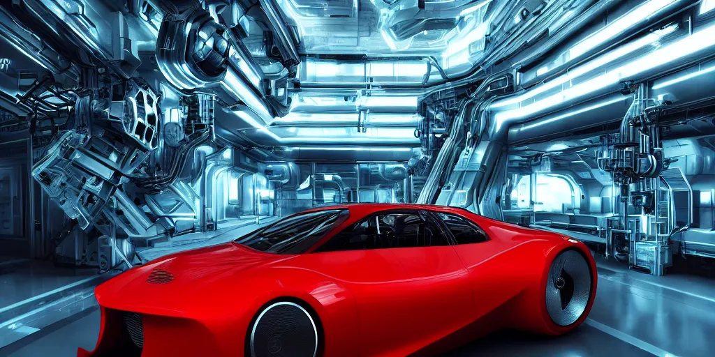 Image similar to photo of kama russian electrocar, 3 d, inside futuristic car plant, red car, advanced cybernetics, visualisation industrial design trending on artstation, sharp focus, ultra realistic, ultra high pixel detail, cinematic, intricate, cinematic light, unreal engine 8 k, volumetric lighting,