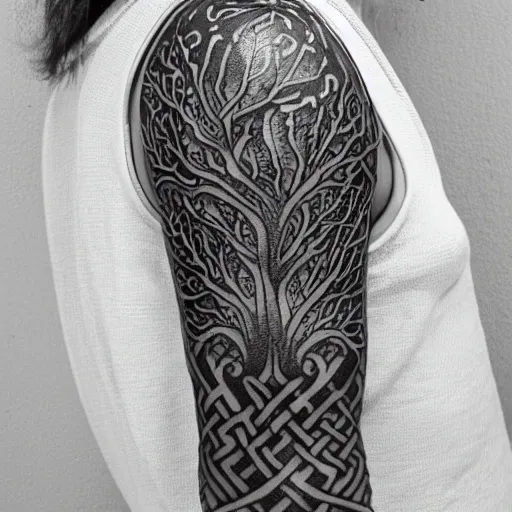 Prompt: photograph of a sleeve tattoo, black ink, intricate celtic pattern with tree of life, highly-detailed, beautiful, award winning, 8k