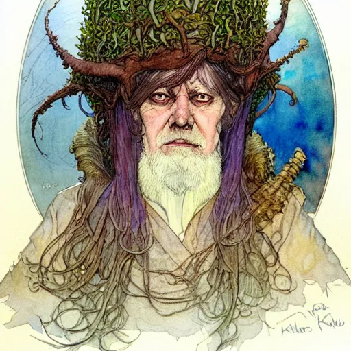 Image similar to a beautiful and very detailed character concept watercolour portrait painting by alan lee, rebecca guay, michael kaluta, charles vess and jean moebius giraud of a sanna marin, the prime minister of finland as a druidic wizard