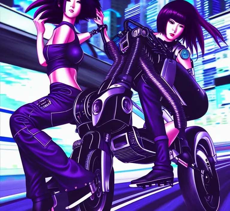 Image similar to motoko kusanagi riding a cyberpunk vehicle in a grungy cyberpunk megacity, bosozoku gang war, cyberpunk vaporwave, artgerm, sola digital arts, anti aliasing, raytracing