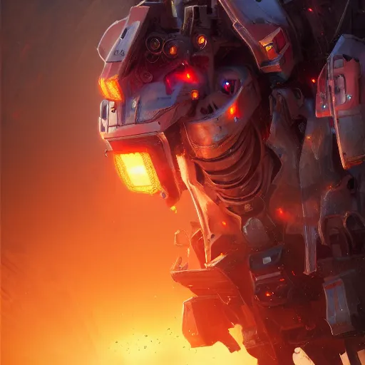 Prompt: portrait of timberwolf battlemech on fire, battle damage, sunset glow around head, full body portrait, intricate, elegant, highly detailed, digital painting, artstation, concept art, smooth, sharp focus, illustration ,sunset, dramatic lighting by Marc Adamus art by artgerm and greg rutkowski and alphonse mucha, background is a city in ruins