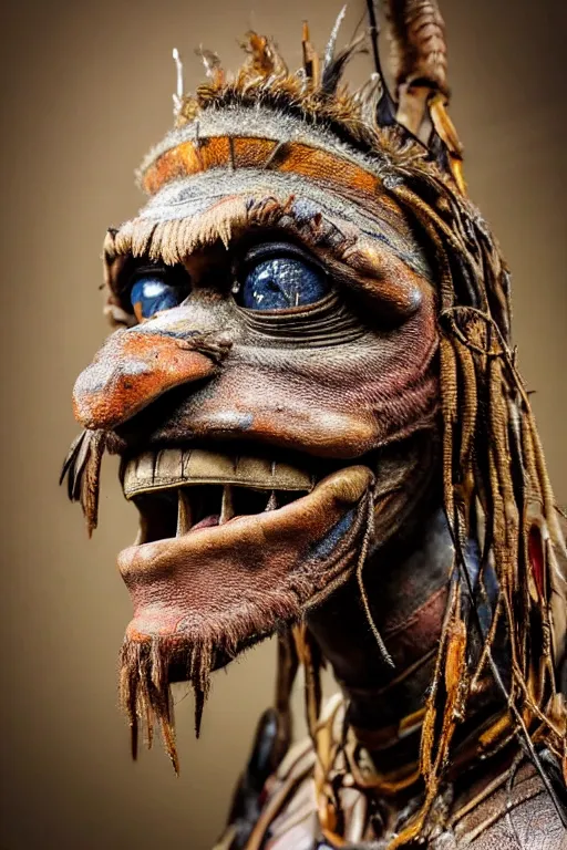 Image similar to photo taken of an epic intricate, ultra detailed, super realistic gritty, hero prop, exquisitely weathered animatronic movie prop of a lifelike sculpture of a huaorani ecuadorian amazon tribe creature displayed in the workshop, created by weta workshop, full body shot, photorealistic, sharp focus