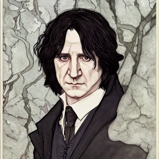 Prompt: a stunning matte portrait of a severus snape as harry potter, intricate, elegant, highly detailed, digital painting, artstation, sharp focus, illustration, art by rebecca guay and arthur rackham and alphonse mucha and john william waterhouse, pixv
