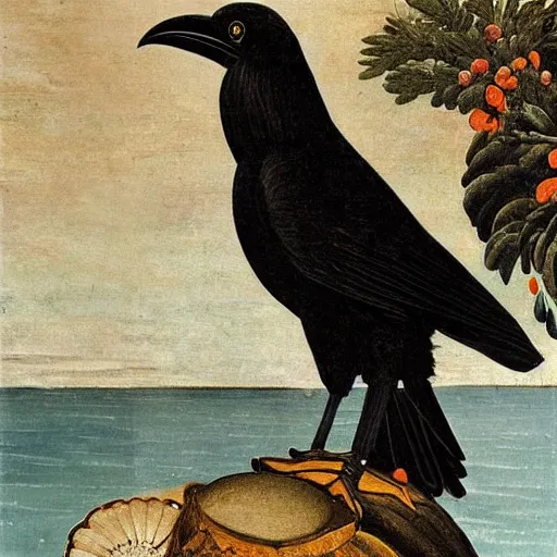 Prompt: high quality oil painting by botticelli, a raven bird standing on an open scallop shell