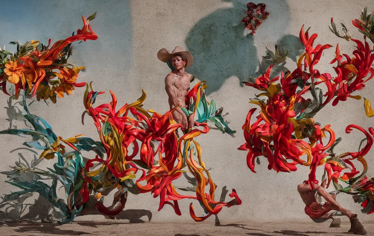 Image similar to a cowboy turning into blooms. tropical sea slugs, tractor tires. complementary colors. national geographic. 8 k, rendered in octane, smooth gradients. sculpture by antonio canova. red accents. by slim aarons, by zhang kechun, by lynda benglis