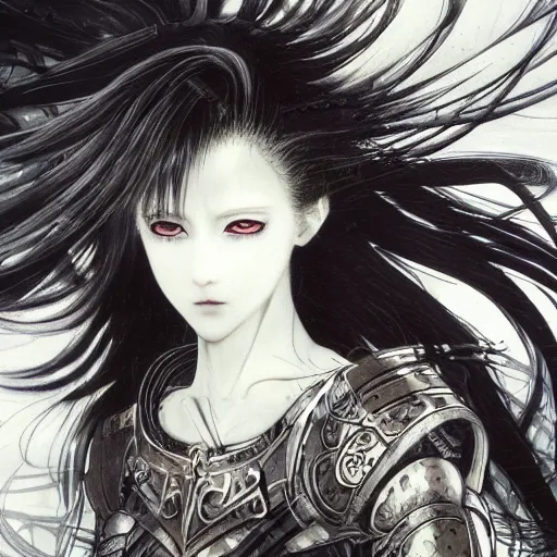 Image similar to Yoshitaka Amano realistic illustration of an anime girl with black eyes, wavy white hair fluttering in the wind and cracks on her face wearing Elden ring armour with engraving, abstract black and white patterns on the background, noisy film grain effect, highly detailed, Renaissance oil painting, weird portrait angle, blurred lost edges, three quarter view