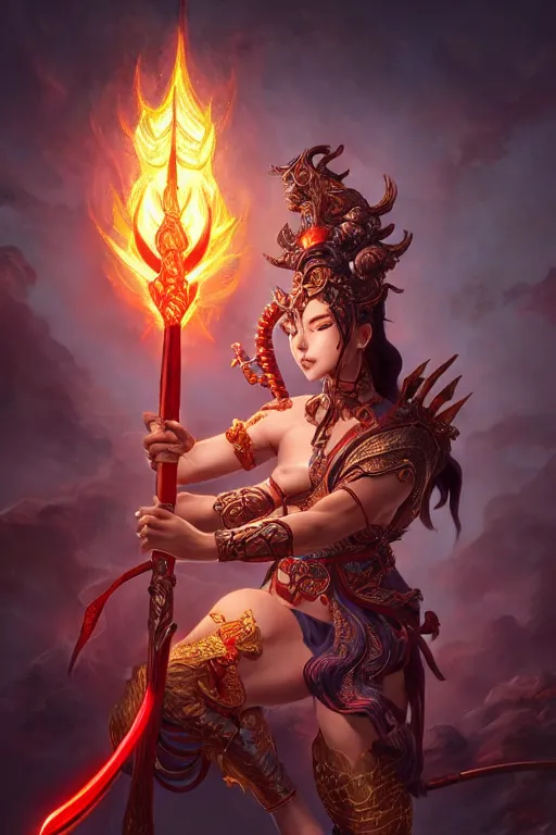 Image similar to a masterpiece portrait of nezha, legendary god holding spear, flame everywhere, epic pose, fantasy character portrait, closeup shot, hyper detailed, digital painting, 8 k realistic, trending on artstation, sharp focus, dof, by fenghua zhong, artgerm, ne zha from smite, jeff easley, raymond swanland