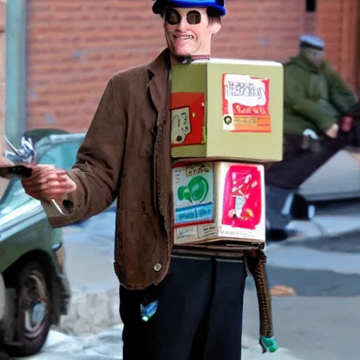 Image similar to jim carrey cosplaying as an anthropomorphic carrier pigeon