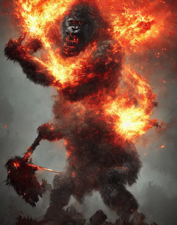 Image similar to folk horror illustration of a Gorilla warrior bursting in flames holding a Lava Sword, dark souls 3 artwork, art by greg rutkowski, art by craig mullins, art by Masanori Warugai, art by Yoshitaka Amano