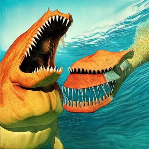 Image similar to nirvana nevermind album cover with a spinosaurus