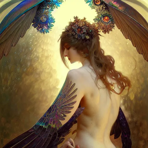 Prompt: iridescent seraphim covered with eyes and wings, photorealistic, fantasy, intricate, elegant, highly detailed, digital painting, artstation, concept art, smooth, sharp focus, illustration, art by Krenz Cushart and Artem Demura and alphonse mucha