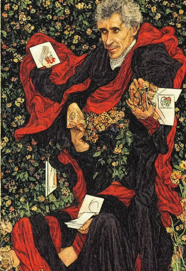 Image similar to Yoshua Bengio on the Tarot card. Illustration by preraphaelists