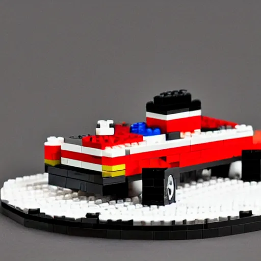 Image similar to photo of moskvich 412 car made of lego, 35 mm