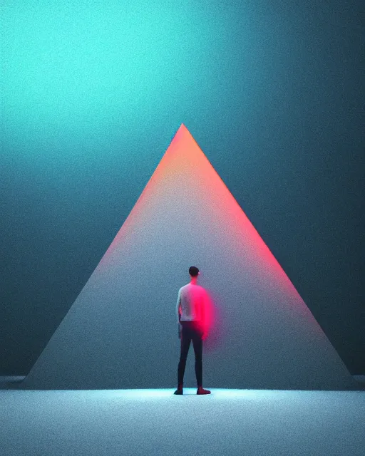 Image similar to a man standing in the middle of a mountain with a glowy neon triangle, a render by filip hodas, behance contest winner, environmental art, rendered in cinema 4 d, volumetric lighting