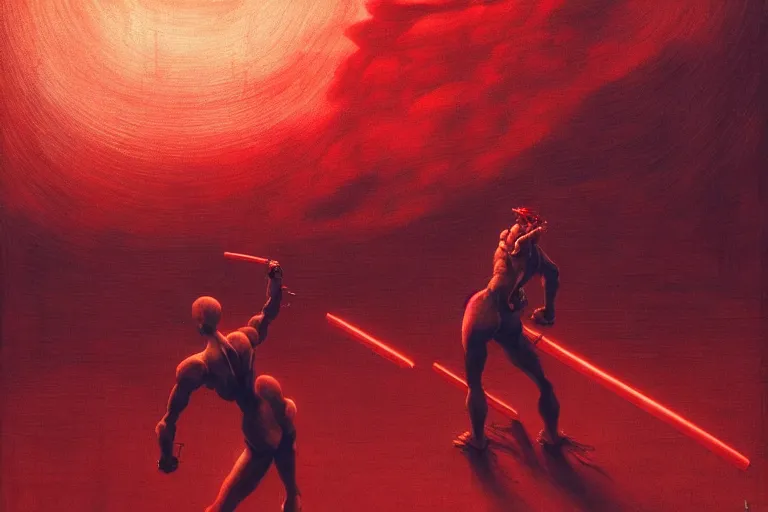 Image similar to only with red, a red cyborg samurai, tokio futuristic in background, some evil yokai fight, in the style of beksinski, parts by edward hopper, parts by rodcenko, parts by yue minjun, intricate and epic composition, red by caravaggio, insanely quality, highly detailed, masterpiece, red light, artstation, 4 k