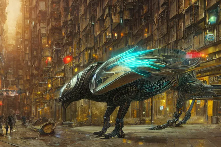 Image similar to A solarpunk very highly detailed cybertronic Goose with very highly detailed face on the street of a very highly detailed solarpunk sci-fi city digital rational painting art by Greg Rutkowski, sci-fi highly detailed, digital concept art, Dimensional cyan gold natural light, sharp focus, Golden Ratio illustration, realistic concept art by Stephen Hickman and James Gurney and Hiromasa Ogura Ghost in the Shell rendered in Octane Render, From the distance