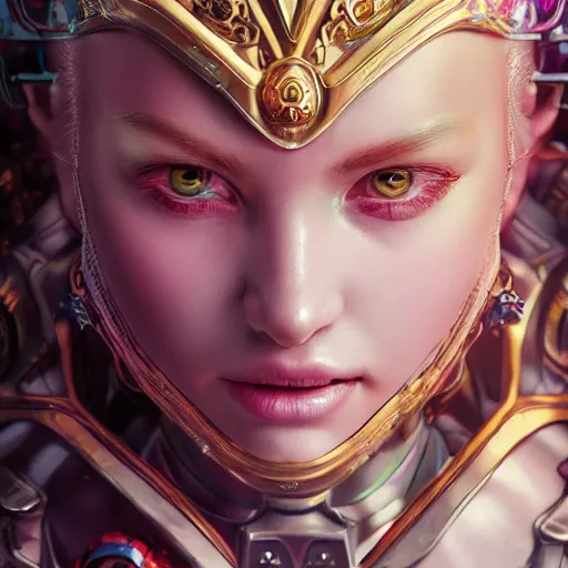 Image similar to studio portrait of lawful good colorful female holy mecha paladin absurdly beautiful, elegant, young sensual graceful woman, ultrafine hyperrealistic detailed face illustration by kim jung gi, irakli nadar, intricate linework, sharp focus, bright colors, matte, octopath traveler, final fantasy, unreal engine highly rendered, global illumination, radiant light, intricate environment