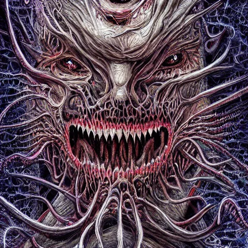 Prompt: Hyper detailed painting of a horrid fractal abomination covered in endless teeth as it devoures souls.