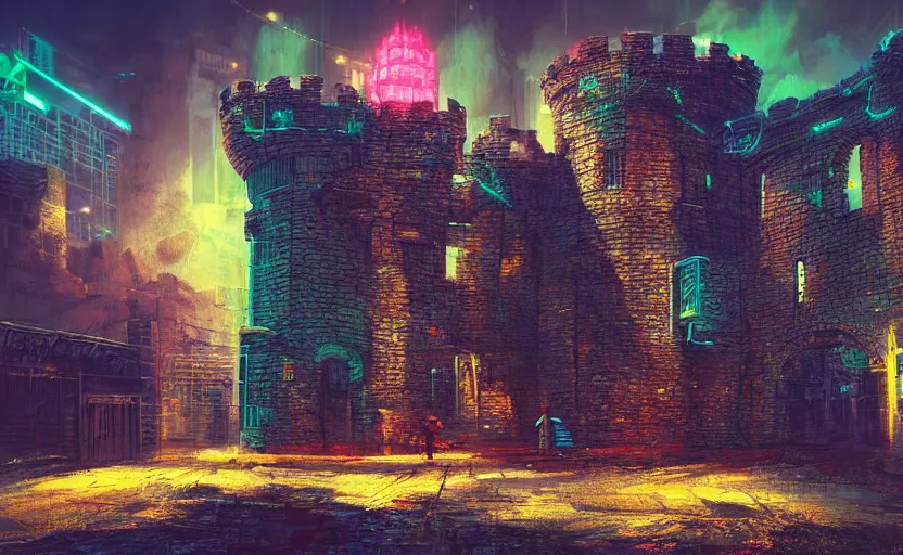 Image similar to a cyberpunk medieval castle, stone brick walls, vincent lefevre, neon lights