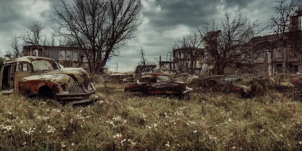 Image similar to low wide angle shot of dilapidated fallout 5 europa, retro futuristic overgrown euro rural town, desolate, dilapidated houses, few rusted retro futuristic vintage parked vehicles like cars, volumetric lighting, photorealistic, daytime, spring, clear weather, sharp focus, ultra detailed, 3 5 0 0 k