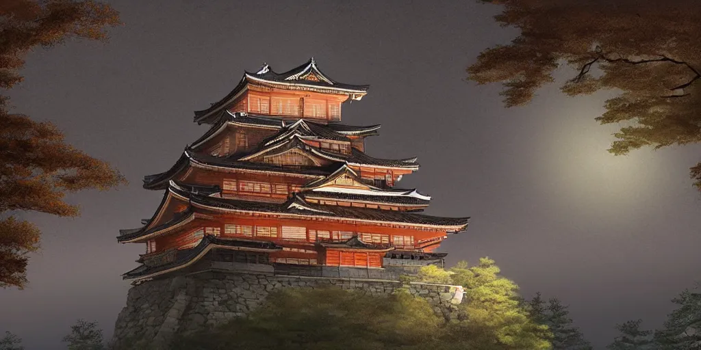 Image similar to a beautiful japanese castle on a mountain in a dark forest, highly detailed, volumetric lighting, digital painting