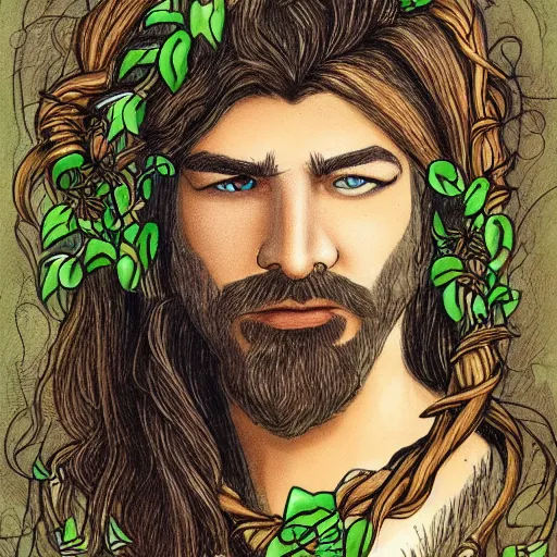 Image similar to male firblog druid with vines as hair flower in his hair detailed drawing