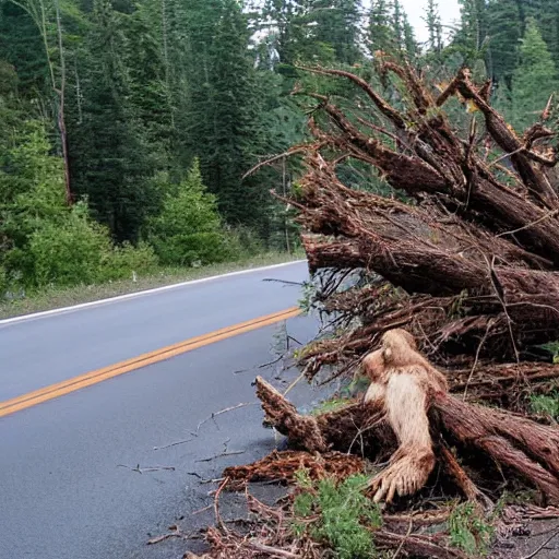 Image similar to fallen tree in highway traffic. Sasquatch peeking out from forest