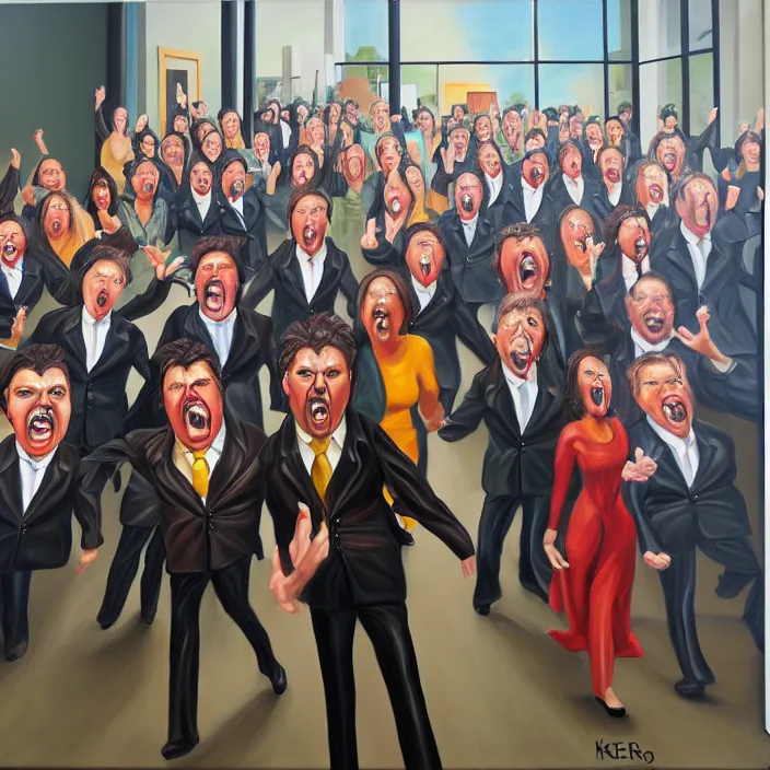 Image similar to an army of angry karens storm the manager's office, photorealism, oil on canvas, comedy, dramatic