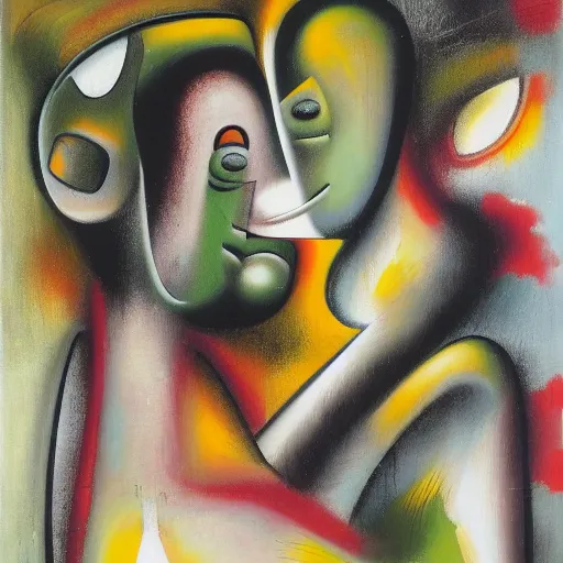 Prompt: Oil painting by Roberto Matta. Strange mechanical beings kissing. Portrait by Yoshitomo Nara.