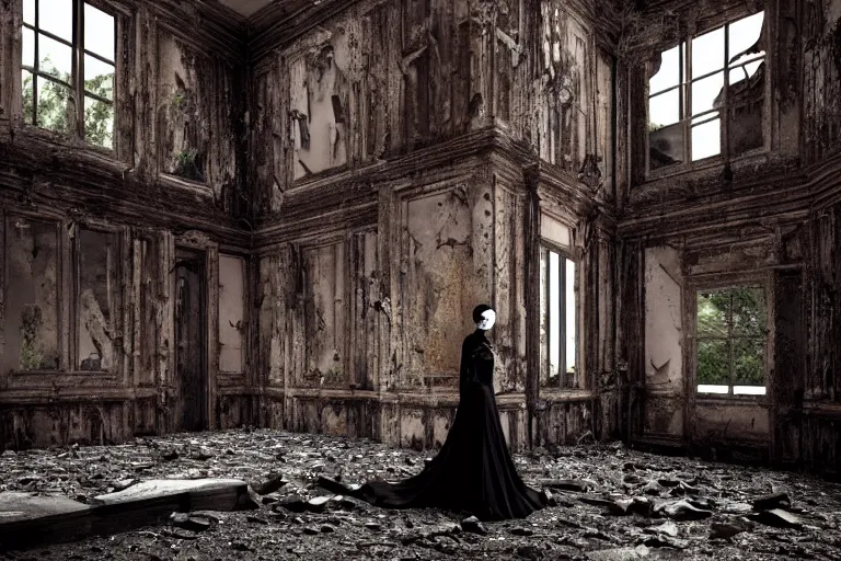 Prompt: A ghostly woman in a long, black victorian dress, standing in the middle of a ruined, abandoned, polish mansion dining hall, seen from inside. Pitch black darkness, A strong red keylight is the only lightsource. Smoke. Dirt, leaves on ground. Octane render. Substance painter. Zbrush. Trending on artstation. 8K. Highly detailed.