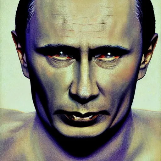 Image similar to degraded retard vlad putin photo - realistic, color image, hyper realistic, 2 k, highly detailed, occult art, by giger, fractal structure