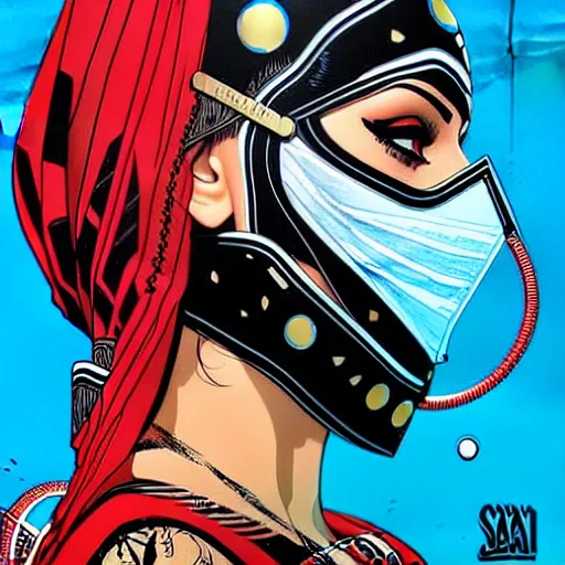 Image similar to a portrait of a persian woman wearing a diver suit and mask with side profile blood in ocean intricate details by MARVEL comics and Sandra Chevrier-C