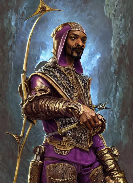 Image similar to snoop dogg as an archer, short beard, grumpy, intricate plate armor with purple accents, Ivan Aivakovsky, Boris Vallejo, epic fantasy character art, D&D Concept Art, full length, Realistic, Regal, Refined, Detailed Digital Art, Oil Paining, Exquisite detail, post-processing, masterpiece, Cinematic Lighting, Unreal Engine, 8k, HD, Stanley Artgerm Lau, WLOP, Rossdraws, Frank Frazetta, Andrei Riabovitchev, Marc Simonetti, trending on artstation,