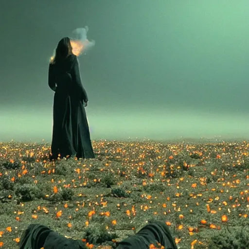 Image similar to The full body shot of beautiful pale woman with many flowers and full-face black mask with glowing halo, a thick black smoke in rocky desert landscape, blue background, falling star on the background, burning earth by Christopher Doyle, Gaspar Noe, Tarkovsky, Alejandro Jodorowsky, anamorphic lens, cinematic composition, award winning photo, 8k