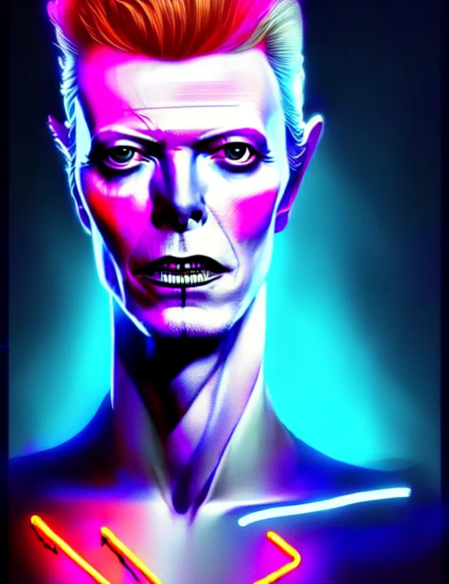 Image similar to portrait of david bowie, intricate, perfect anatomy, neon lighting, highly detailed, digital photography, artstation, stylish pose, concept art, smooth, sharp focus, illustration, art by artgerm and greg rutkowski