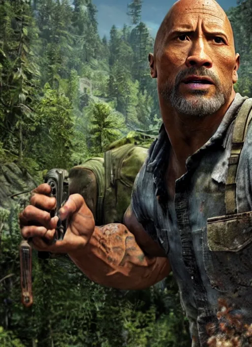 Image similar to dwayne johnson in the last of us, gameplay screenshot, close up, 3 d rendering. unreal engine. amazing likeness. very detailed.