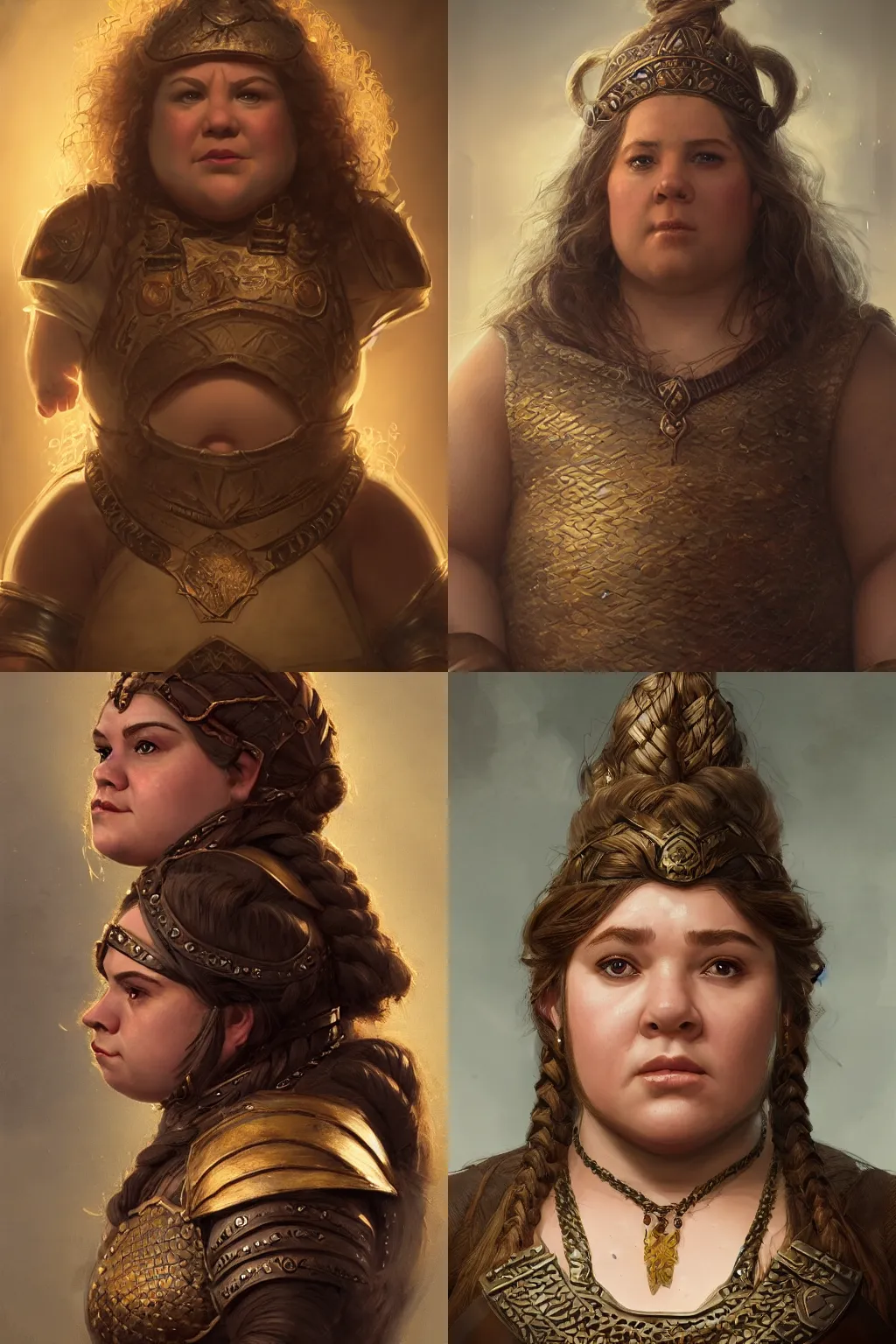 Prompt: portrait | chubby female dwarf queen | bronze dwarven breastplate | elaborated braided hair | style by greg rutkowski, wayne reynolds, jeff easley dramatic light | high detail | cinematic lighting | artstation | regal and proud robust woman | bold serious expression | dungeons and dragons | throne room |