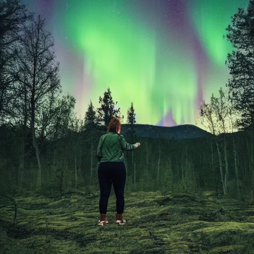 Prompt: a woman standing in a forest clearing on a small hill, looking towards a big glowing green hollywood sign that sits on top of a hill in the distant background, swedish northern forest, aurora borealis, backlit, hasselblad, 4 k, cinematic