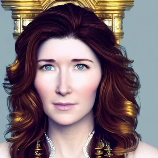 Image similar to realistic portrait of a beautiful Jewel Staite made of gold, Victorian architecture, ultra realistic, 8k