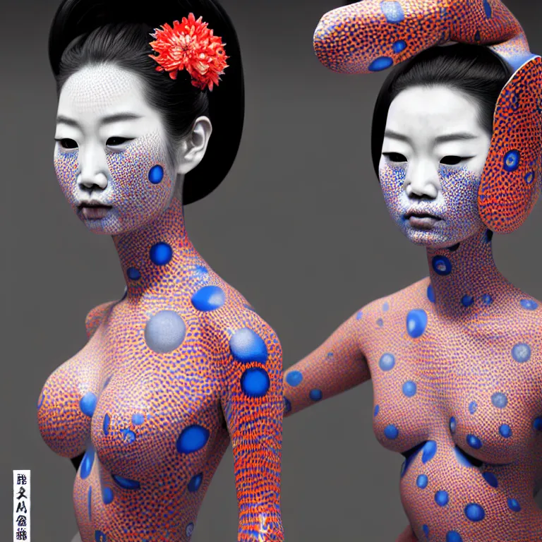 Image similar to hyperrealistic detailed image of a geisha in a art installation room, hd smooth interior by yayoi kusama, part by kei mieno, part by ross tran, dark art by james jean, ultra realistic, highly detailed, life like face, detailed body, 8 k, 3 d render by roger magrini, masterpiece