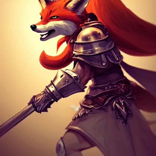 Prompt: heroic character design of anthropomorphized fox, whimsical fox , portrait, holy medieval crusader, fighting posture, holding enormous mace, final fantasy tactics character design, character art, whimsical, vibrant, stunning, lighthearted, concept art, volumetric lighting, highly detailed, Akihiko Yoshida