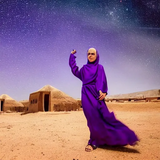 Image similar to low shot photo of feminine and lean arab woman wearing a long purple dress, strutting and looking fierce, with najdi mud houses in the background, early evening, starry sky, in the style of annie leibovitz amd steve meiele