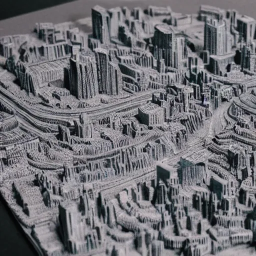 Image similar to futuristic city made of chalk, talc, quartz, aerial view