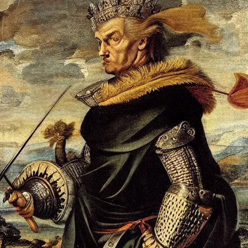 Prompt: donald trump, donald trump, wearing knight ’ s armor, holding a spectacular broadsword, by annibale carracci, two arms, two legs, donald trump ’ s face, donald trump, symmetrical face, highly detailed face, perfect face