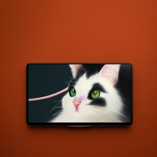 Prompt: painting of calico cat chewing the screen of a macbook. extremely detailed oil painting, unreal 5 render, fantasy digital art, octane render, beautiful composition, trending on artstation, award-winning photograph, masterpiece