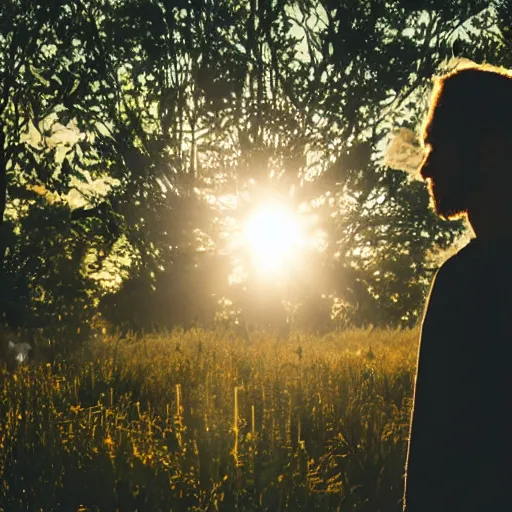 Image similar to a still of a 20's something man hippie standing in a large field of living plants. Magic hour, backlit, lens flare, smoke in the air.